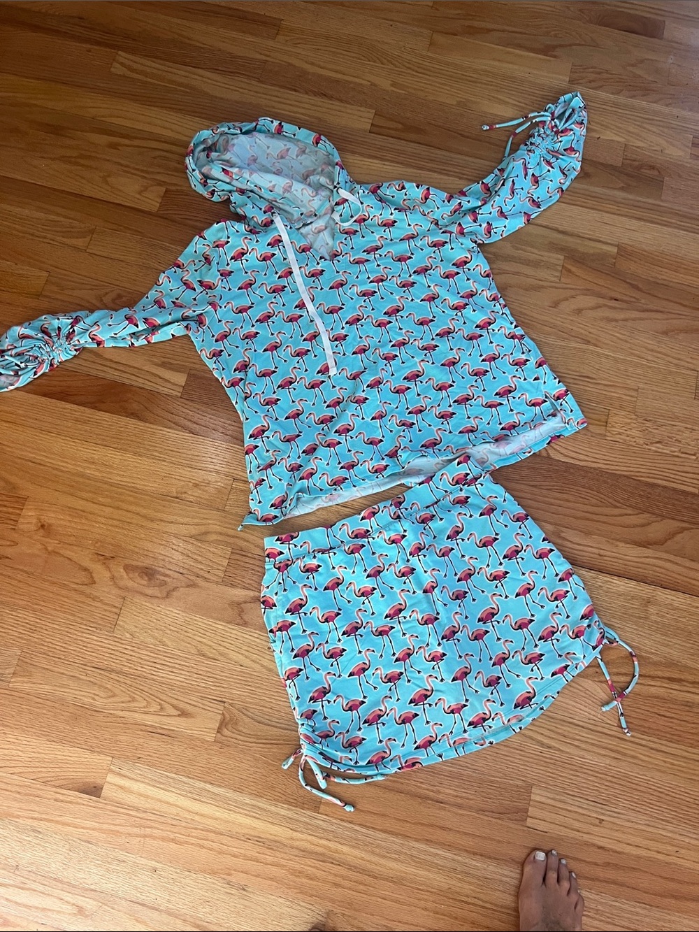 Flamingo Print Hoodie and Mini Skirt Set - Aqua & Pink